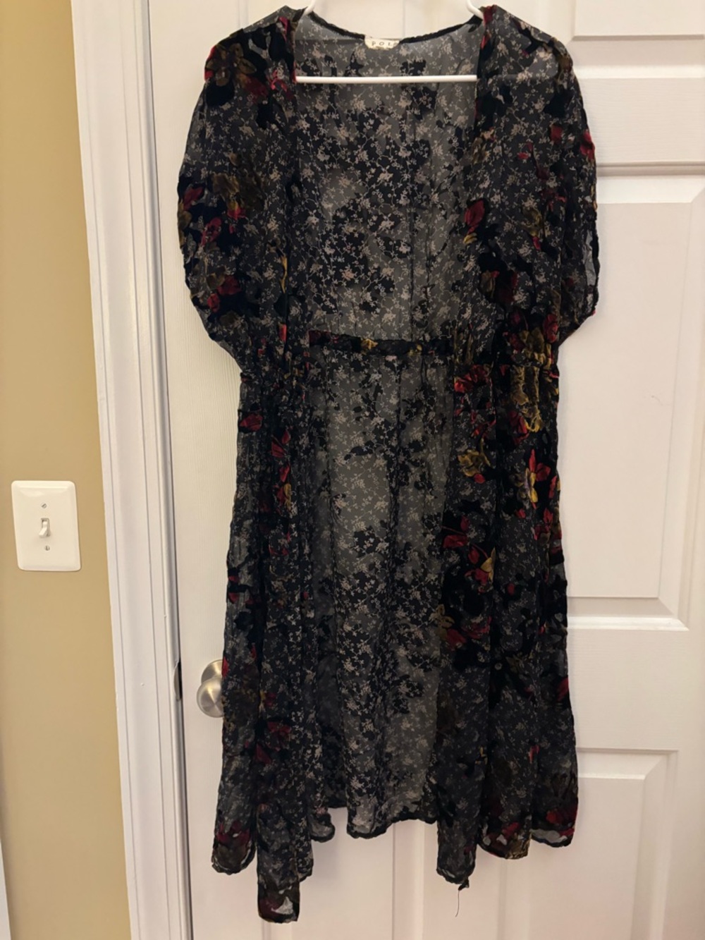 POL Black Sheer Floral Midi Duster with Red and Gold Accents Size S/M